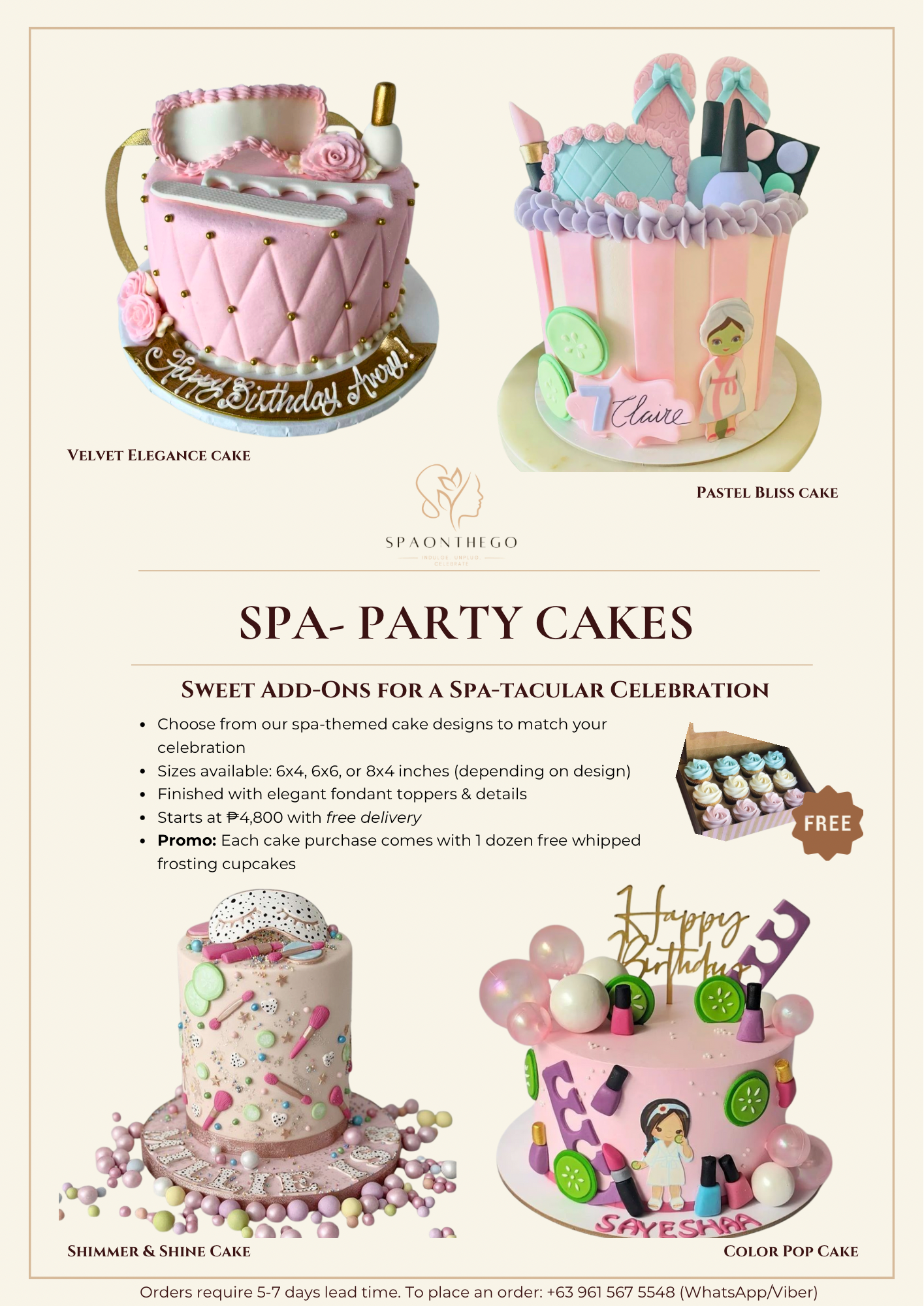 spa-themed party cakes with various designs on a beige background.